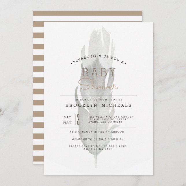 Boho Feather | Wasserfarben-Babydusche Einladung (Vorne/Hinten)