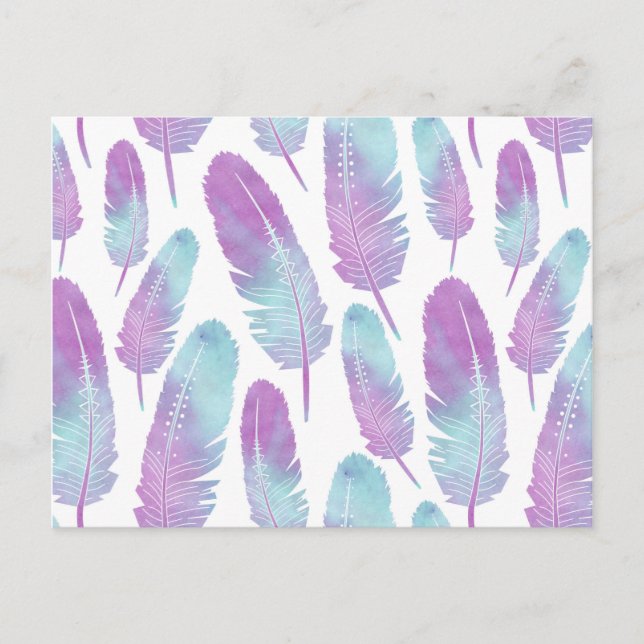 Boho Feather Watercolor Lila und blau Postkarte (Vorderseite)