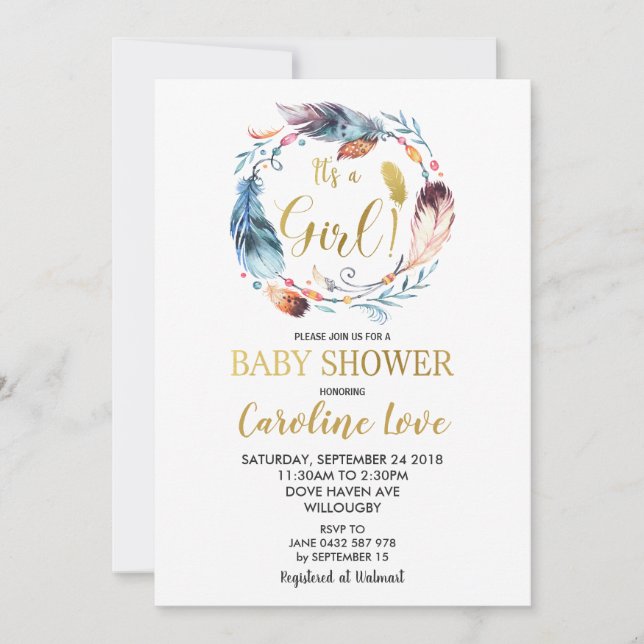 Boho Feather Wreath Baby Shower Einladung Girl (Vorderseite)