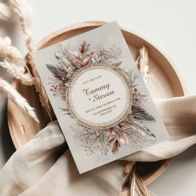 Boho Feather Wreath Earth Tone Gold Frame Wedding Einladung (Von Creator hochgeladen)