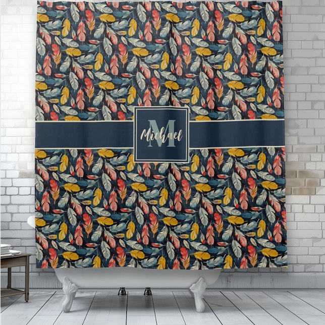 Boho Feathered Whimsy Monogram Duschvorhang (Boho Feathered Whimsy Monogram shower curtain.)