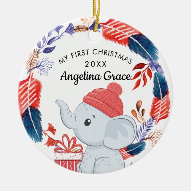 Boho Feathers and Elephant Baby's 1. Weihnachten Keramik Ornament (Vorne)