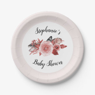Boho Feathers Burgundy Blush Baby Dusche Pappteller