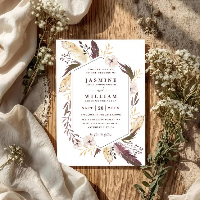 Boho Feathers Elagant Modern Chic QR Code Wedding Einladung (Von Creator hochgeladen)