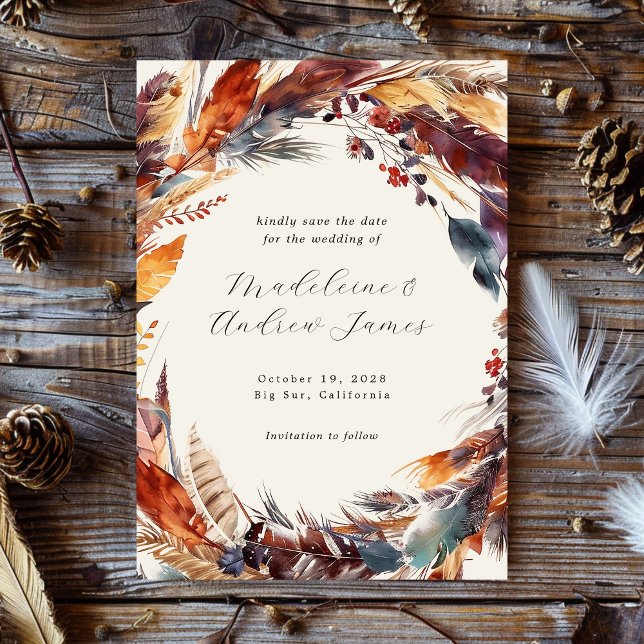 Boho Feathers Fall Foliage Calligrafy Wedding Save The Date (Von Creator hochgeladen)