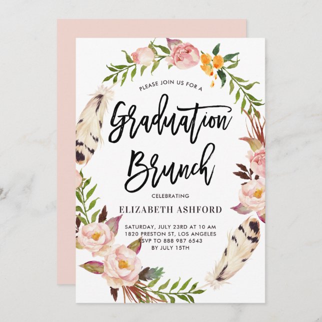 Boho Feathers & Floral Wreath Abschluss Brunch Einladung (Vorne/Hinten)