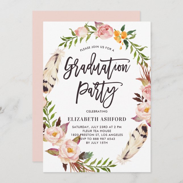 Boho Feathers & Floral Wreath Graduation Party Einladung (Vorne/Hinten)