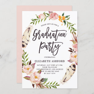 Boho Feathers & Floral Wreath Graduation Party Einladung