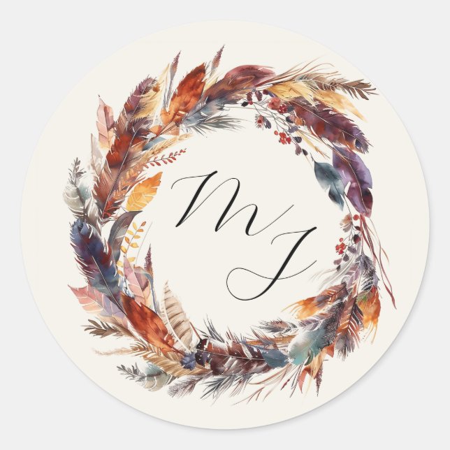 Boho Feathers Floral Wreath Monogram Wedding Runder Aufkleber