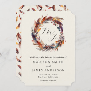 Boho Feathers Floral Wreath Monogram Wedding Save The Date