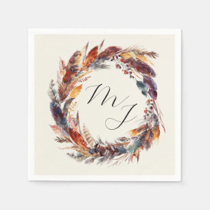 Boho Feathers Floral Wreath Monogram Wedding Serviette