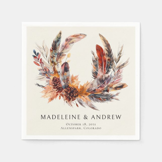 Boho Feathers Floral Wreath Monogram Wedding Serviette (Vorderseite)