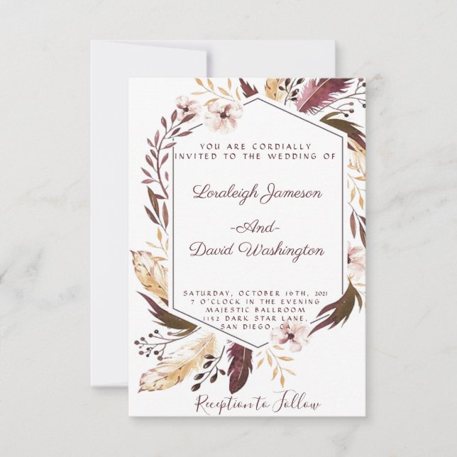 Boho Feathers Hochzeitseinladung Einladung (Vorderseite)