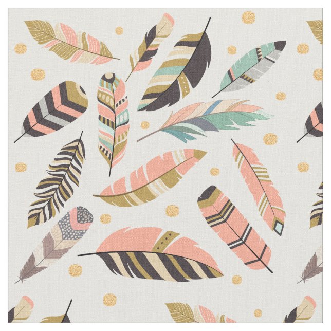 Boho Feathers Pattern auf Weiß Stoff (Nahaufnahme)