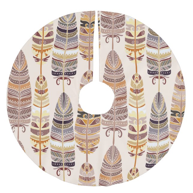 Boho Feathers: Stamm-nahtloses Muster Polyester Weihnachtsbaumdecke (Vorderseite)