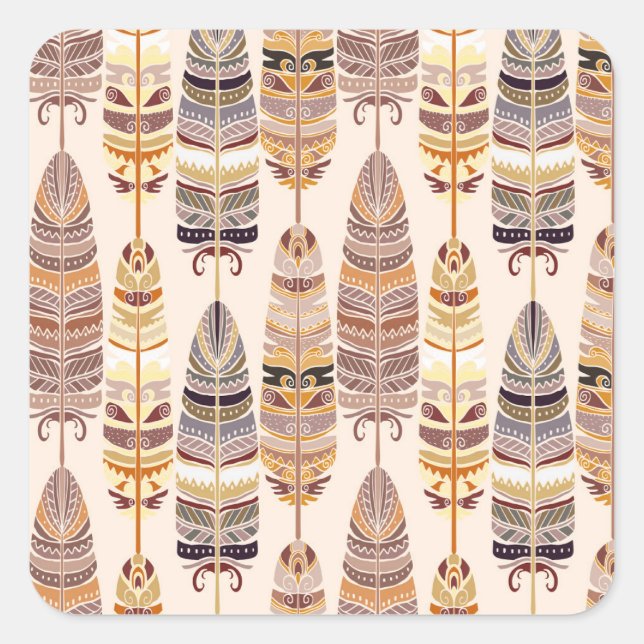 Boho Feathers: Stamm-nahtloses Muster Quadratischer Aufkleber (Vorderseite)