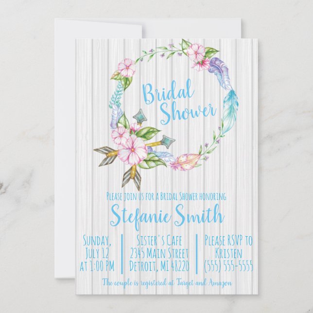 Boho Feathers Wreath Bridal Dusche Einladung (Vorderseite)