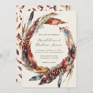 Boho Feathers Wreath Calligrafy Hochzeit im Herbst Einladung