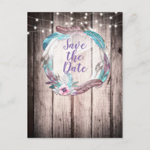 Boho Feathers Wreath & String Lights Save the Date Ankündigungspostkarte