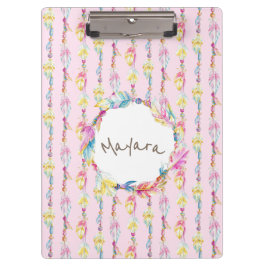 Boho Feder Aquarellkunst Name Rosa Zwischenwand Klemmbrett