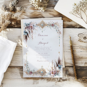 Boho Feder Blumen Gold Juwel Rahmen Hochzeit Einladung