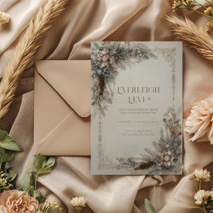 Boho Feder Blumen Staubblau Gold Rahmen Hochzeit Einladung