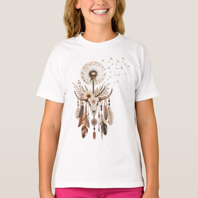 Boho-Feder Western-Löwenzahn T-Shirt (Vorderseite)