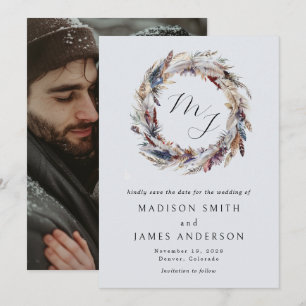 Boho-Federn-Kranz-Monogramm-Winterhochzeit Save The Date