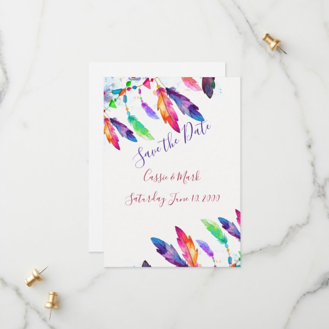 Boho Federn personalisiert Save The Date (Vorderseite/Rückseite Beispiel)