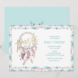 Boho-Federn-Traumfänger Teal-Geburtstagsfeier Einladung