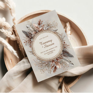 Boho-Federnkranz Erdtöne Goldrahmen Hochzeit Einladung