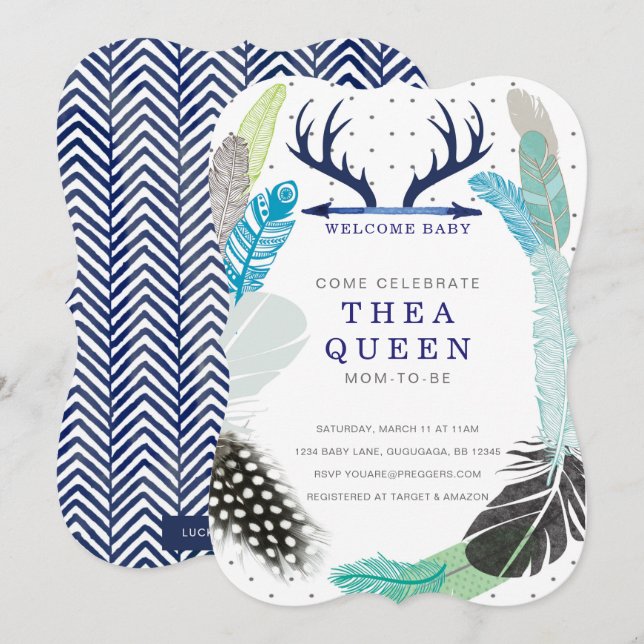 Boho Fether Baby Dusche Einladung (Vorne/Hinten)