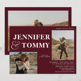 Boho fette Namen Retro 3 Fotos Hochzeit burgund Einladung
