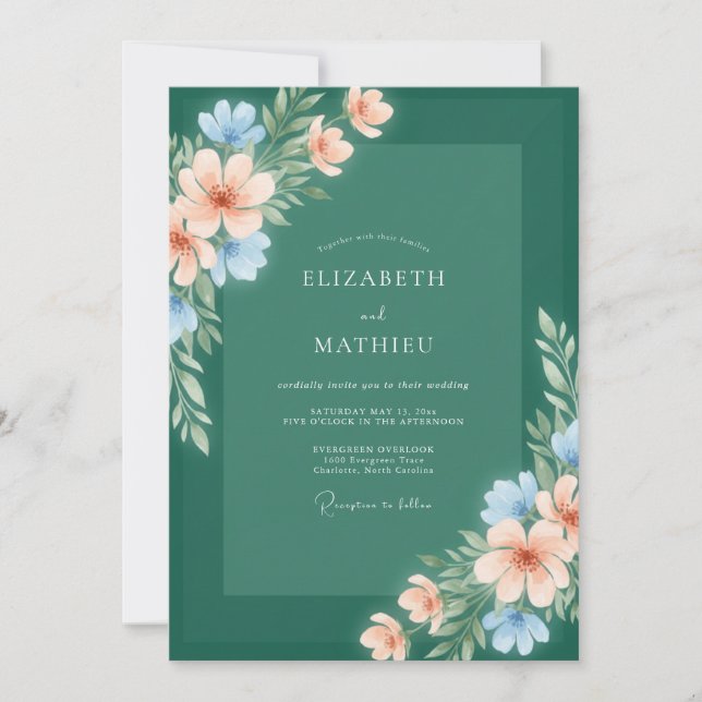 Boho-Fichte-Periwinkle-Blütenhochzeit Einladung (Vorderseite)