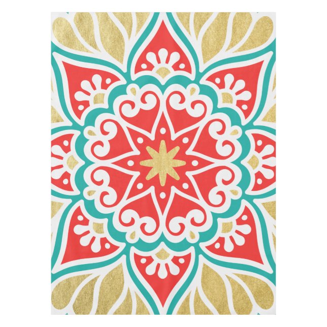 Boho Fiesta Aquamarin Red & Gold Geometric Tablecl Tischdecke (Vorderseite)