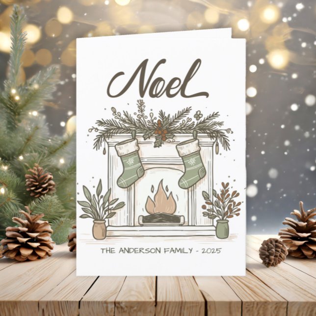 Boho Fireplace Strumpfs Rustic Earth Tones Feiertagskarte ("Noel" fireplace Christmas greeting card)