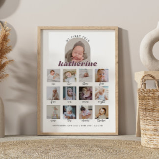 Boho First Birthday Baby Milestone Sign w/ Photos Poster