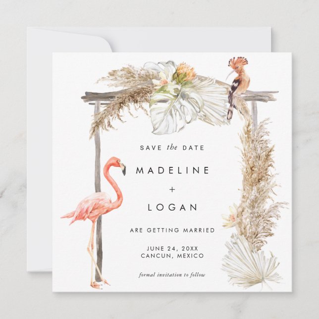 Boho Flamingo Wedding Arch Save the Date Ankündigung (Vorderseite)