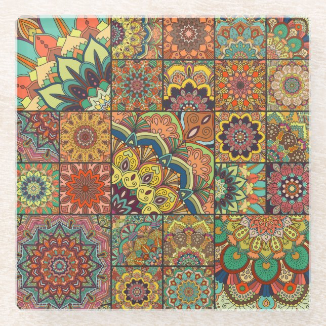 Boho-Fliesen: farbenfrohes Patchwork-Nahtlosmuster Glasuntersetzer (Vorderseite)