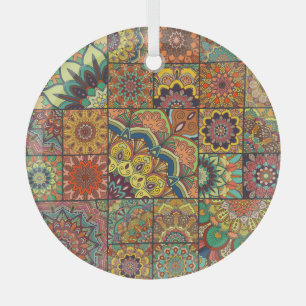 Boho-Fliesen: farbenfrohes Patchwork-Nahtlosmuster Ornament Aus Glas