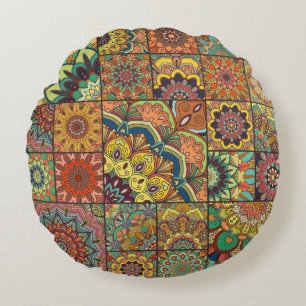 Boho-Fliesen: farbenfrohes Patchwork-Nahtlosmuster Rundes Kissen