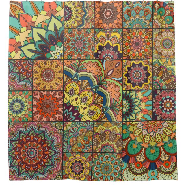 Boho Fliesen: farbiges Patchwork nahtlos Muster Duschvorhang (Vorderseite)