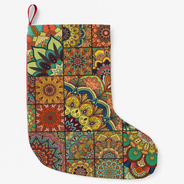 Boho Fliesen: farbiges Patchwork nahtlos Muster Kleiner Weihnachtsstrumpf (Vorderseite)