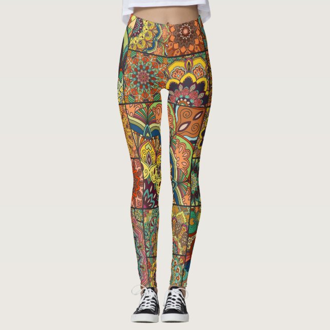 Boho Fliesen: farbiges Patchwork nahtlos Muster Leggings (Vorderseite)