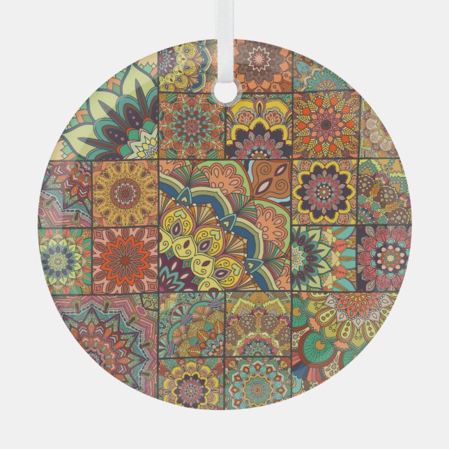 Boho Fliesen: farbiges Patchwork nahtlos Muster Ornament Aus Glas (Vorderseite)