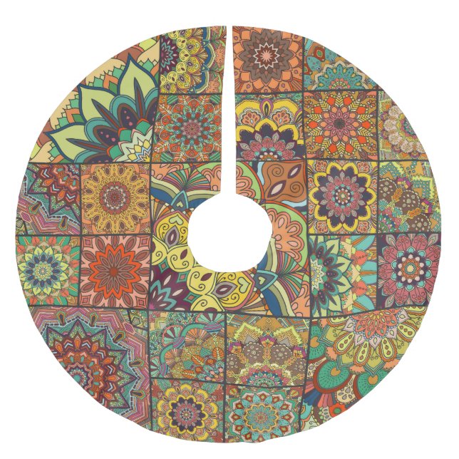 Boho Fliesen: farbiges Patchwork nahtlos Muster Polyester Weihnachtsbaumdecke (Vorderseite)