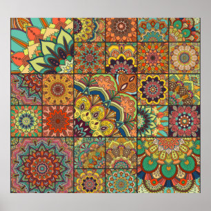 Boho Fliesen: farbiges Patchwork nahtlos Muster Poster