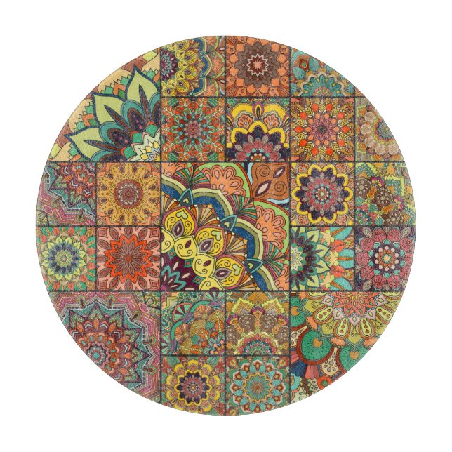 Boho Fliesen: farbiges Patchwork nahtlos Muster Schneidebrett (Vorderseite)