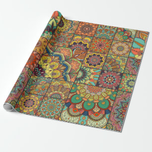 Boho Fliesen Set und nahtlos Muster. Farbpflaster Geschenkpapier
