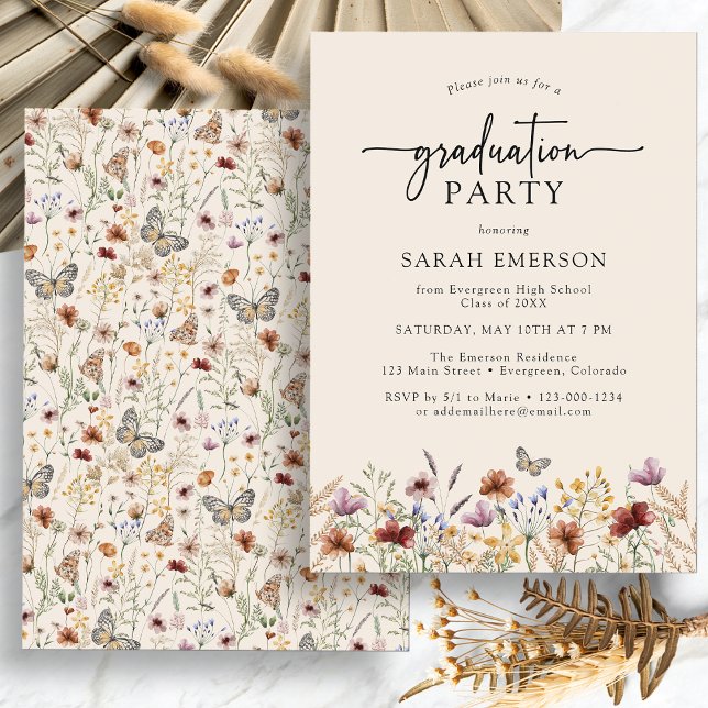 Boho Floral Abschluss Einladung (Watercolor Boho Floral Graduation Party Invitation with Butterfly by Painted Paperie
)